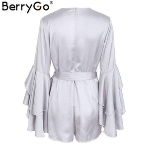 Planet Gates Pink / S Sexy v neck flare long sleeve playsuit High waist tie up pleated satin short romper 2018 Summer women jumpsuit