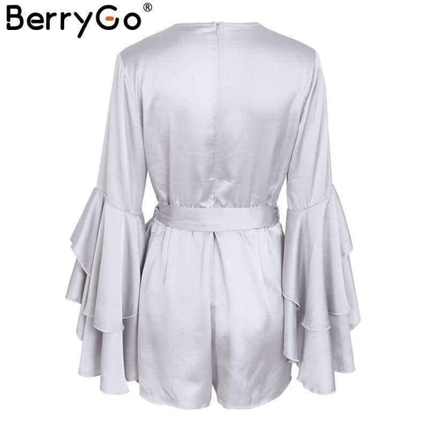 Planet Gates Pink / S Sexy v neck flare long sleeve playsuit High waist tie up pleated satin short romper 2018 Summer women jumpsuit