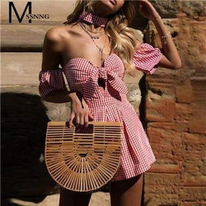Planet Gates Pink / S Summer Off shoulder plaid jumpsuit romper women Sexy backless bow high waist playsuit female  beach short overalls