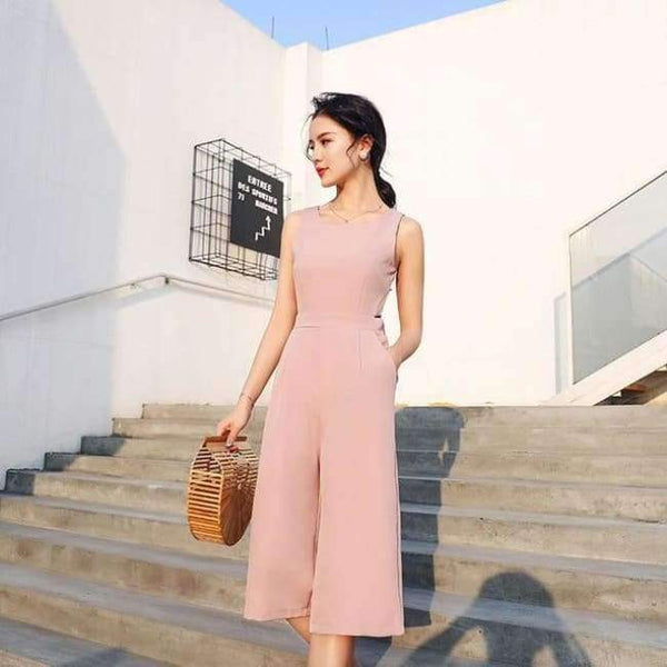 Planet Gates Pink / S Summer  Solid Sleeveless Calf-Length High Waist Jumpsuits 2018 New Arrival Casual Wide Leg Jumpsuits