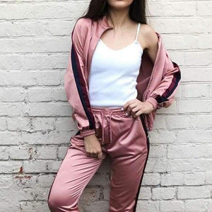 Planet Gates Pink / S Tracksuits Women 2 Piece Sets Casual Outfits Pink Winter Striped Short Jacket + Elastic Pants Sweatsuit Suits