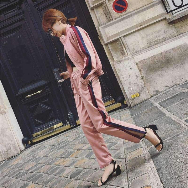 Planet Gates Pink / S Tracksuits Women 2 Piece Sets Casual Outfits Pink Winter Striped Short Jacket + Elastic Pants Sweatsuit Suits
