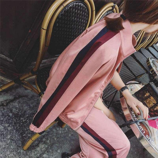 Planet Gates Pink / S Tracksuits Women 2 Piece Sets Casual Outfits Pink Winter Striped Short Jacket + Elastic Pants Sweatsuit Suits