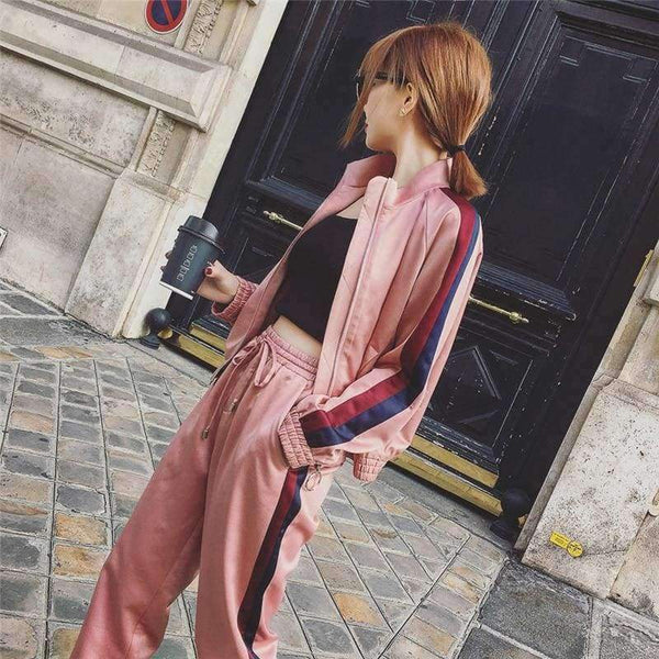 Planet Gates Pink / S Tracksuits Women 2 Piece Sets Casual Outfits Pink Winter Striped Short Jacket + Elastic Pants Sweatsuit Suits