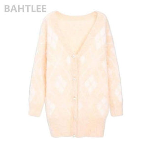 Planet Gates pink / S Winter women's angora rabbit cardigans knitting sweater  looser  fashion brand keep warm GEOMETRIC pattern pocket