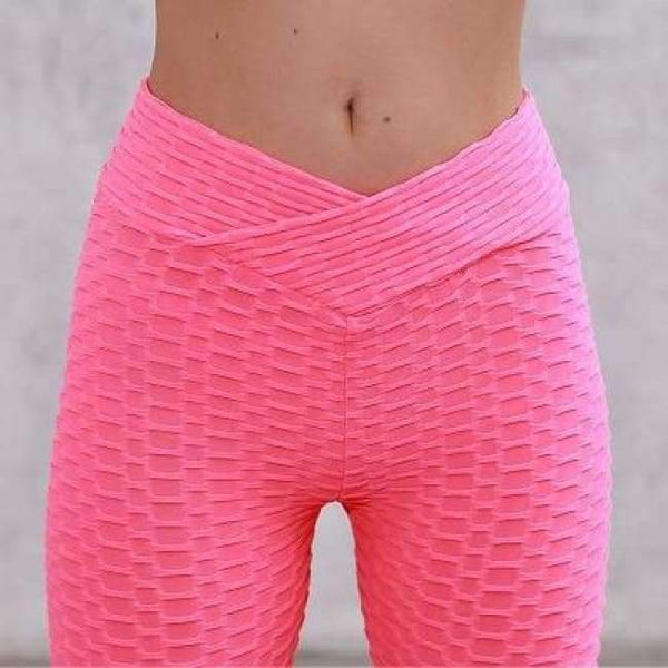Planet Gates Pink / S Women Fashion Bubble Waffle Leggings V Shape Waistband Flaws Textured Pants  Scrunch Butt Pants Workout Sexy Leggings