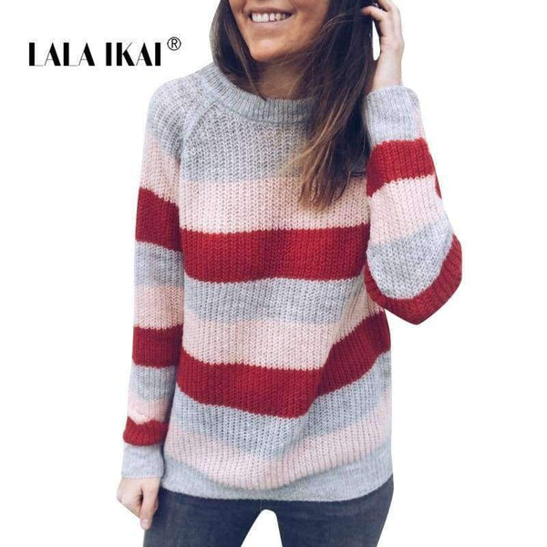Planet Gates Pink / S Women Sweater Knitted O Neck Pink White Striped Contrast Color Pullover Casual Sweaters Female SWA1555