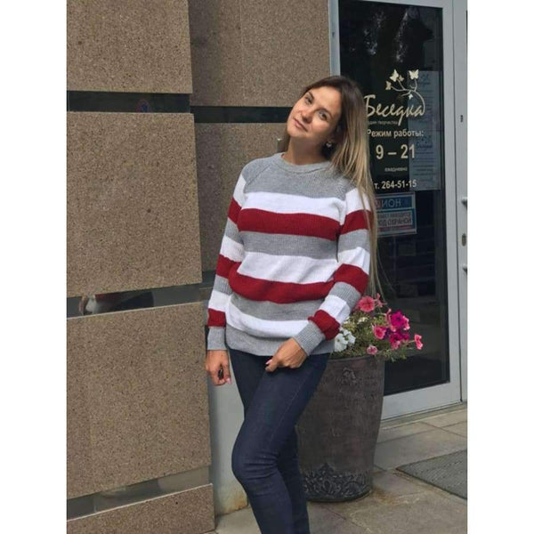 Planet Gates Pink / S Women Sweater Knitted O Neck Pink White Striped Contrast Color Pullover Casual Sweaters Female SWA1555
