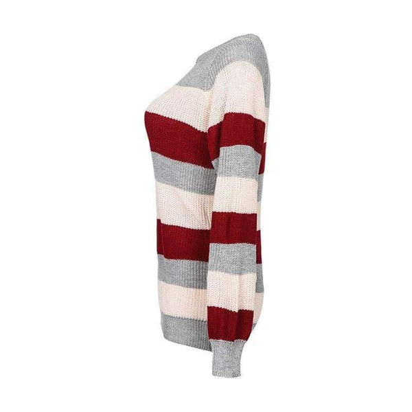 Planet Gates Pink / S Women Sweater Knitted O Neck Pink White Striped Contrast Color Pullover Casual Sweaters Female SWA1555