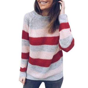 Planet Gates Pink / S Women Sweater Knitted O Neck Pink White Striped Contrast Color Pullover Casual Sweaters Female SWA1555