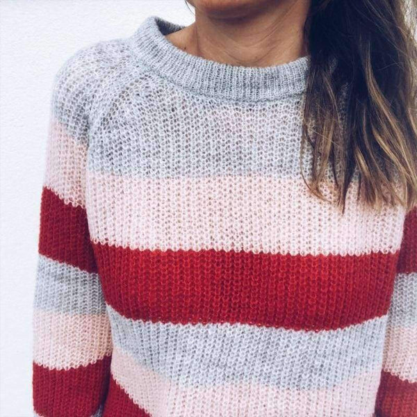 Planet Gates Pink / S Women Sweater Knitted O Neck Pink White Striped Contrast Color Pullover Casual Sweaters Female SWA1555