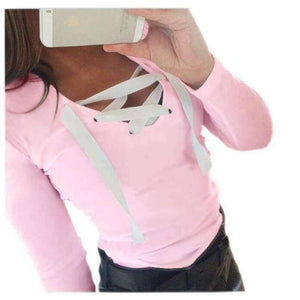 Planet Gates Pink / S Women Tops Bandage T-Shirts Long Sleeve V-neck T Shirts Casual Sexy Ladies Tees Female camiseta feminina mujer GV371