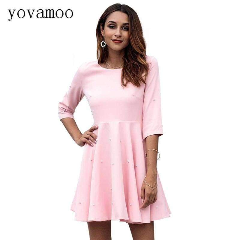 Planet Gates Pink / S Yovamoo Pink Dress Three Quarter Sleeve Beading Solid Color Slim A-line Plus Size Retro Autumn Womens Dresses New Arrival 2018