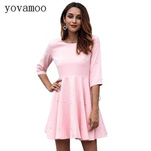 Planet Gates Pink / S Yovamoo Pink Kjole Trekvartærmet Perlebesat Ensfarvet Slank A-linje Plus Size Retro Efterårskjoler til Kvinder Ny Ankomst 2018