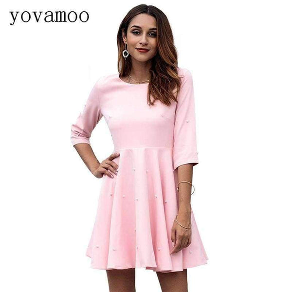 Planet Gates Pink / S Yovamoo Pink Kjole Trekvartærmet Perlebesat Ensfarvet Slank A-linje Plus Size Retro Efterårskjoler til Kvinder Ny Ankomst 2018