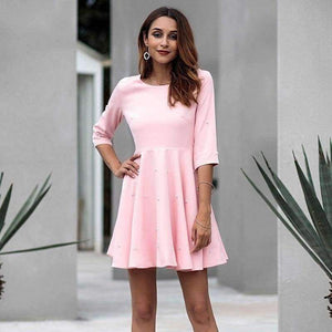 Planet Gates Pink / S Yovamoo Pink Kjole Trekvartærmet Perlebesat Ensfarvet Slank A-linje Plus Size Retro Efterårskjoler til Kvinder Ny Ankomst 2018