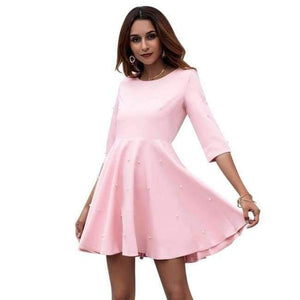 Planet Gates Pink / S Yovamoo Pink Kjole Trekvartærmet Perlebesat Ensfarvet Slank A-linje Plus Size Retro Efterårskjoler til Kvinder Ny Ankomst 2018