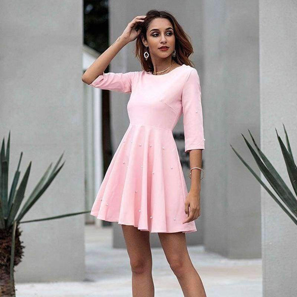Planet Gates Pink / S Yovamoo Pink Kjole Trekvartærmet Perlebesat Ensfarvet Slank A-linje Plus Size Retro Efterårskjoler til Kvinder Ny Ankomst 2018