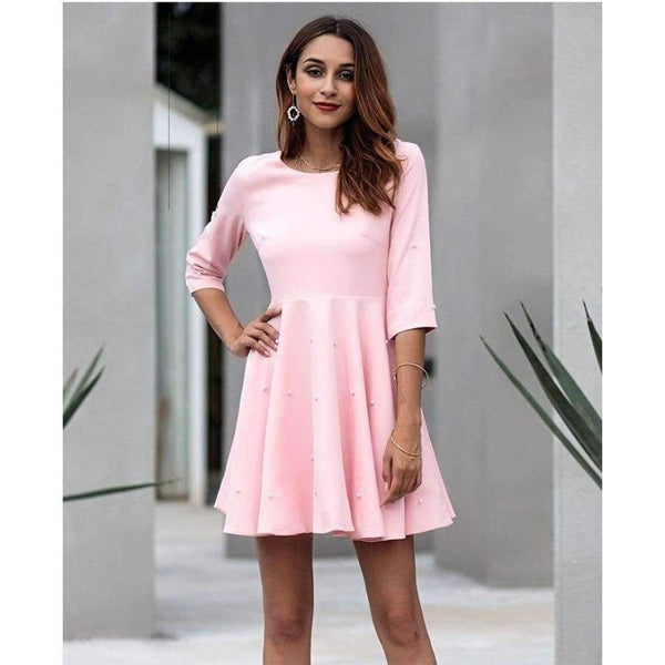 Planet Gates Pink / S Yovamoo Pink Kjole Trekvartærmet Perlebesat Ensfarvet Slank A-linje Plus Size Retro Efterårskjoler til Kvinder Ny Ankomst 2018