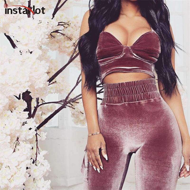 Planet Gates pink set / L Velvet Sexy Autumn 2 Piece Set Women Pink Crop Strap Tops Pocket Elastic Waist Pants Female 2018 New Arrivals Tracksuit