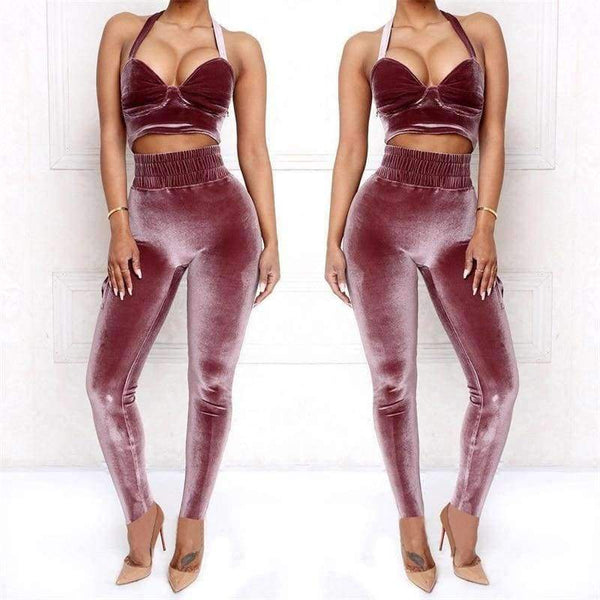 Planet Gates pink set / L Velvet Sexy Autumn 2 Piece Set Women Pink Crop Strap Tops Pocket Elastic Waist Pants Female 2018 New Arrivals Tracksuit