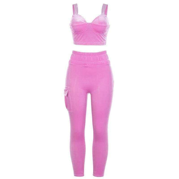 Planet Gates pink set / L Velvet Sexy Autumn 2 Piece Set Women Pink Crop Strap Tops Pocket Elastic Waist Pants Female 2018 New Arrivals Tracksuit