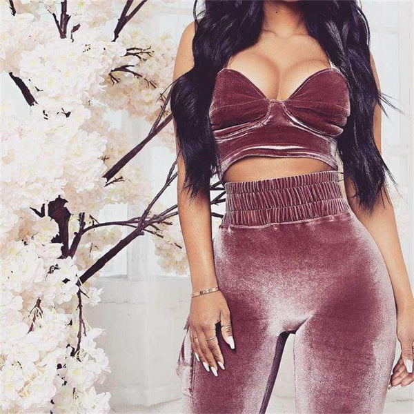 Planet Gates pink set / L Velvet Sexy Autumn 2 Piece Set Women Pink Crop Strap Tops Pocket Elastic Waist Pants Female 2018 New Arrivals Tracksuit