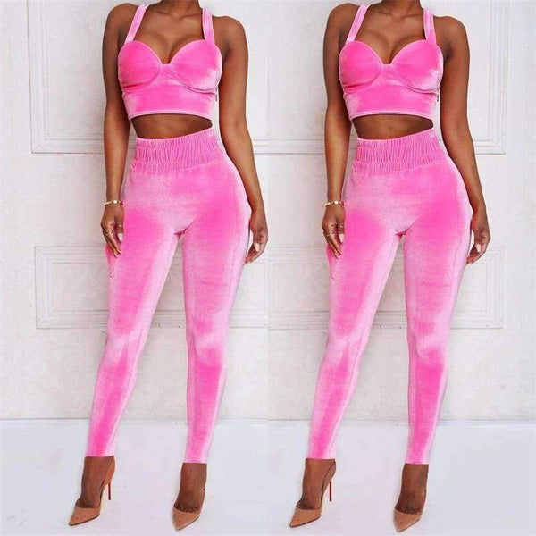 Velvet Sexy Autumn 2 Piece Set Women Pink Crop Strap Tops Pocket Elastic Waist Pants Female 2018 New Arrivals Tracksuit