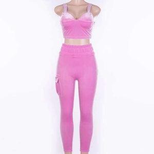 Velvet Sexy Autumn 2 Piece Set Women Pink Crop Strap Tops Pocket Elastic Waist Pants Female 2018 New Arrivals Tracksuit - Pink Set / L