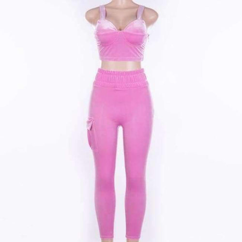 Velvet Sexy Autumn 2 Piece Set Women Pink Crop Strap Tops Pocket Elastic Waist Pants Female 2018 New Arrivals Tracksuit - Pink Set / L