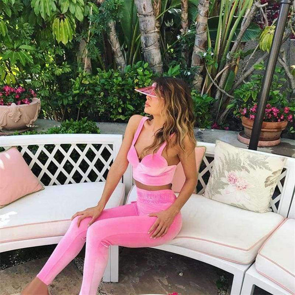 Velvet Sexy Autumn 2 Piece Set Women Pink Crop Strap Tops Pocket Elastic Waist Pants Female 2018 New Arrivals Tracksuit