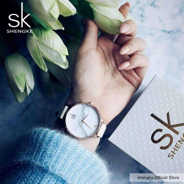 Planet Gates pink Shengke Top Brand Fashion Ladies Watches Leather Female Quartz Watch Women Thin Casual Strap Watch Reloj Mujer Marble Dial SK