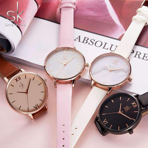 Planet Gates pink Shengke Top Brand Fashion Ladies Watches Leather Female Quartz Watch Women Thin Casual Strap Watch Reloj Mujer Marble Dial SK