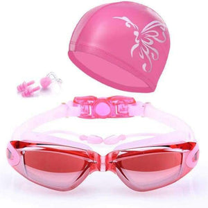 Planet Gates Pink Swim Glasses Kit Coated Lens Anti Fog Swim Goggles Case Nose Clip Ear Plugs Men Women badmuts Swimming Caps Set