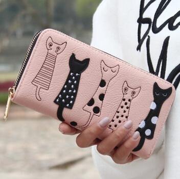Planet Gates pink wallet / China Women wallets leather wallet long style dollar price Women bag card holder cartoon cat coin purse  LS8723fb