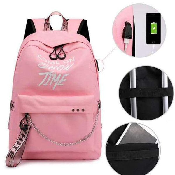 Planet Gates pink Winmax Luminous USB Badge Women Backpack Fashion Letters Print School Bag Girls Teenager Chain Backpack Bolsa Mochilas Sac A Dos