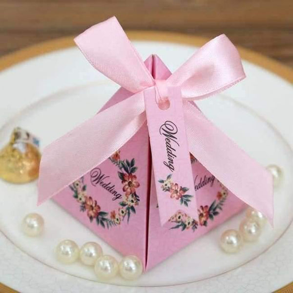 Planet Gates Pink  without names / 72 x 72 x 80 mm 50 pcs Free Shipping Pink/ Purple/ Tiffany Blue Floral Pyramid Wedding Favor Candy Boxes Bridal Shower Party Paper Gift Box