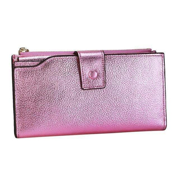 Planet Gates pink Women Genuine Leather RFID Blocking Functional Wallet Vintage Long Glint Card Holder Zipper Coin Purse Iphone Galaxy