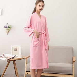 Planet Gates Pink Women / M Unisex Men Women Sleeve Solid Waffle Sleep Lounge Bathrobe Nightgown Lovers Robes