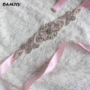 Planet Gates Pink Women's Wedding Belts Rhinestone Wedding Dress Belt Wedding Accessories Satin Ribbon Bridal Sash Party Gown Bride Crystal Belt