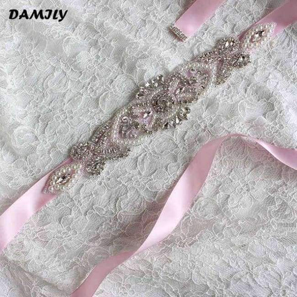 Planet Gates Pink Women's Wedding Belts Rhinestone Wedding Dress Belt Wedding Accessories Satin Ribbon Bridal Sash Party Gown Bride Crystal Belt