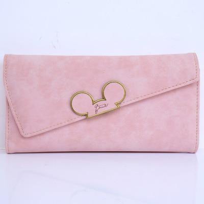 Planet Gates Pink Women Wallets Faux Leather Long Section Hasp Purse Mickey Head Oblique Cover Type Three Fold Clutch Coin Pocket Card Holder