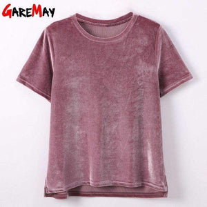 Planet Gates Pink / XL Women T Shirt Short Sleeve Crushed Velvet Summer Womens Tops And T Shirts O-Neck Woman Tee Shirt Femme Manche Courte
