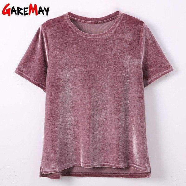 Planet Gates Pink / XL Women T Shirt Short Sleeve Crushed Velvet Summer Womens Tops And T Shirts O-Neck Woman Tee Shirt Femme Manche Courte