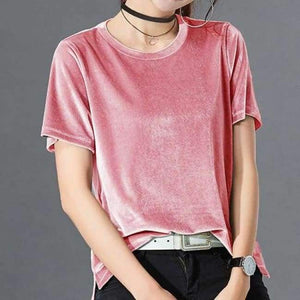 Planet Gates Pink / XL Women T Shirt Short Sleeve Crushed Velvet Summer Womens Tops And T Shirts O-Neck Woman Tee Shirt Femme Manche Courte