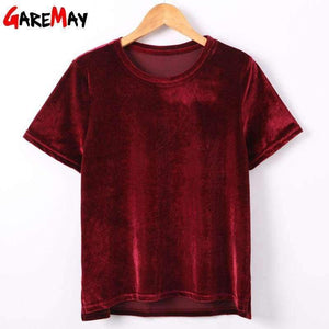 Planet Gates Pink / XL Women T Shirt Short Sleeve Crushed Velvet Summer Womens Tops And T Shirts O-Neck Woman Tee Shirt Femme Manche Courte