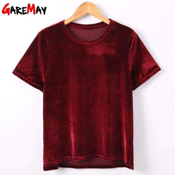 Planet Gates Pink / XL Women T Shirt Short Sleeve Crushed Velvet Summer Womens Tops And T Shirts O-Neck Woman Tee Shirt Femme Manche Courte