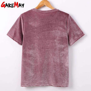 Planet Gates Pink / XL Women T Shirt Short Sleeve Crushed Velvet Summer Womens Tops And T Shirts O-Neck Woman Tee Shirt Femme Manche Courte