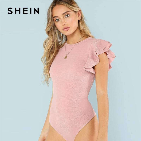 Planet Gates Pink / XS Layered Ruffle Detail Textured Bodysuit 2018 Summer Round Neck Ruffle Bodysuit Clothing Women Pink Solid Casual Bodysuit