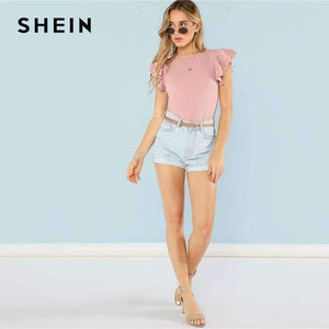 Planet Gates Pink / XS Layered Ruffle Detail Textured Bodysuit 2018 Summer Round Neck Ruffle Bodysuit Clothing Women Pink Solid Casual Bodysuit